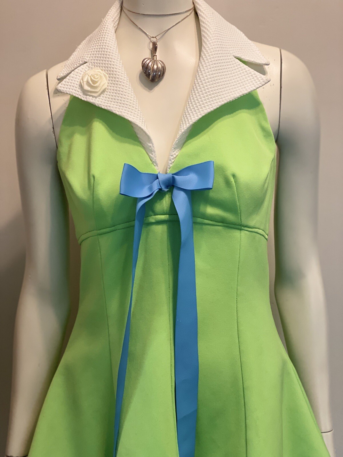 Vintage 60’s 70’s Lime Green Retro Halter Lapel A-line Mini Disco Sport SunDress