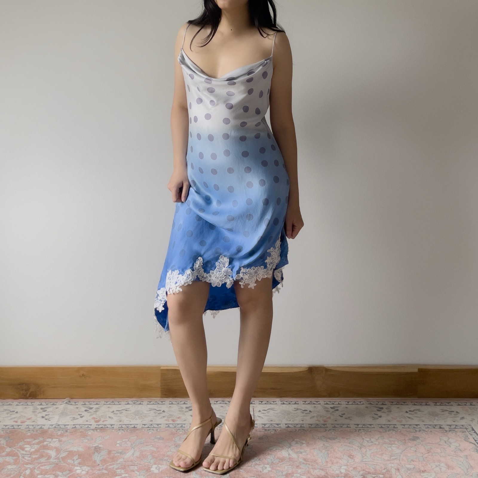 Vintage Pale Lavender & Hand-Dyed Blue Silk Polka Dot Slip Dress (S–M)