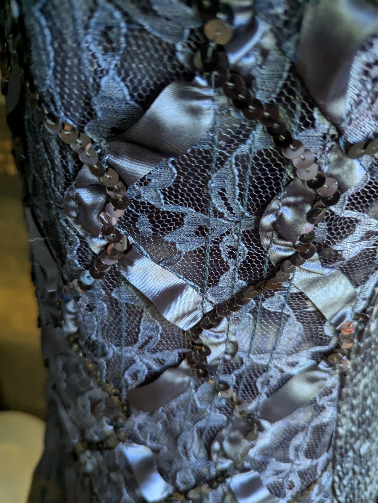 Vintage 80&rsquo;s Size Small/Med Formal Sequin Lace Ribbon Bodice Bubble Skirt Dress