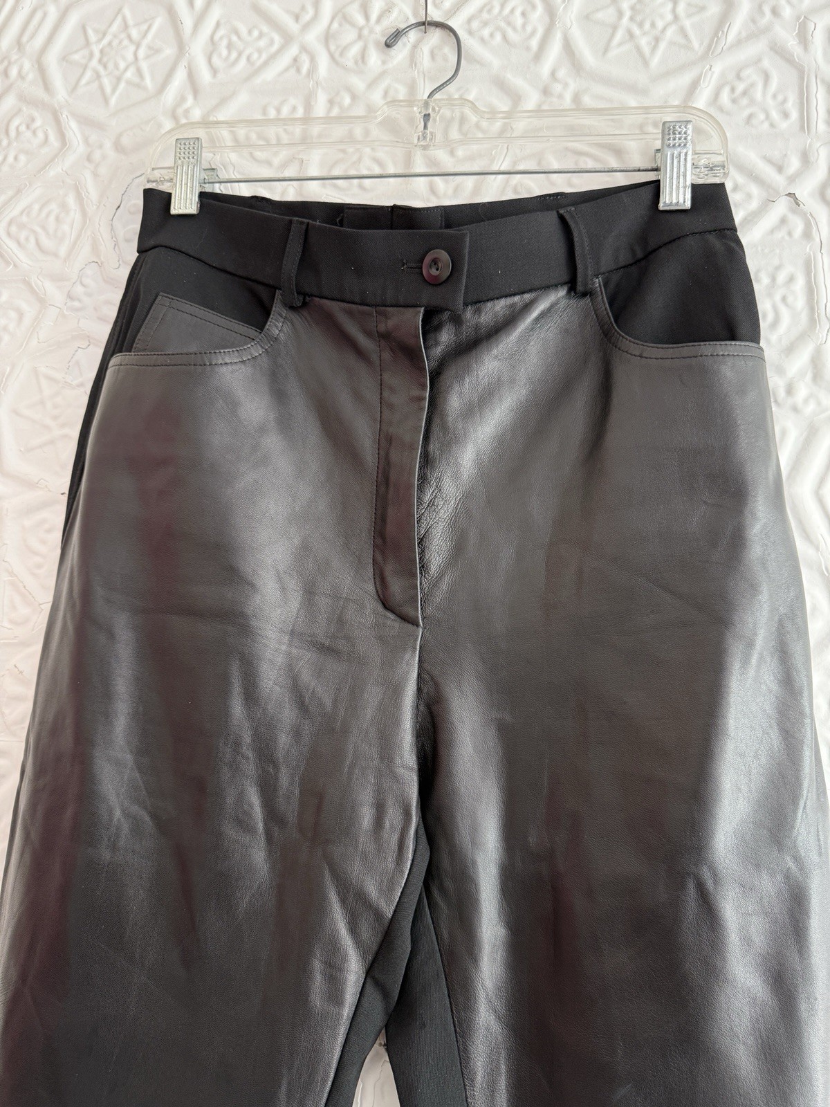 vintage Escada lamb nappa Leather & wool Pants Black slim Trouser 1990s 2000s