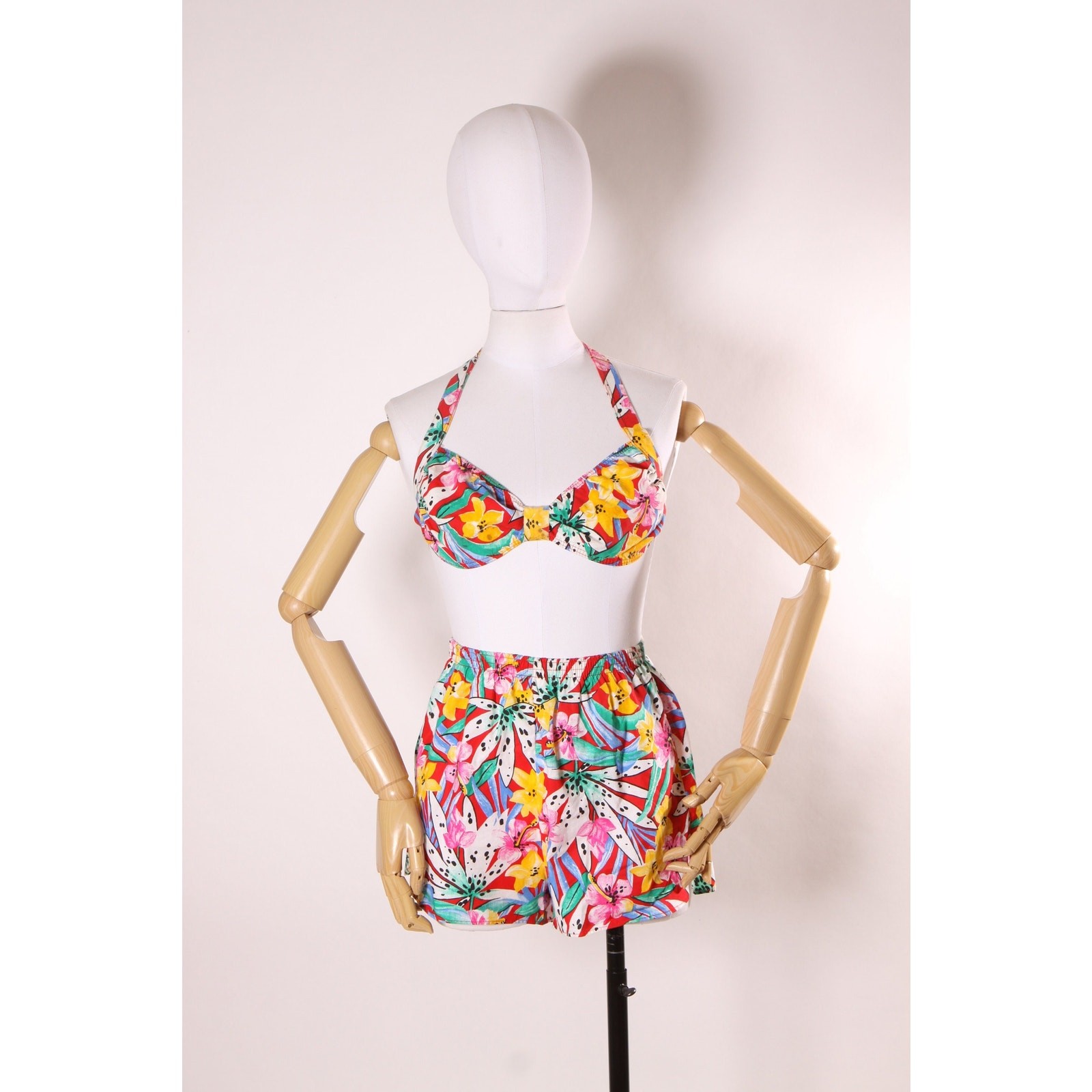 Deadstock 1980s Floral Red, Pink, Green Yellow Floral Swimsuit by Crystal Bay