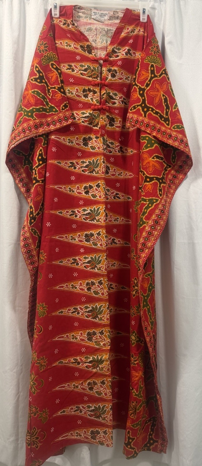 Women&rsquo;s Vintage Caftan 100% Cotton Made in Thailand, Side Slits, Red Multicolor