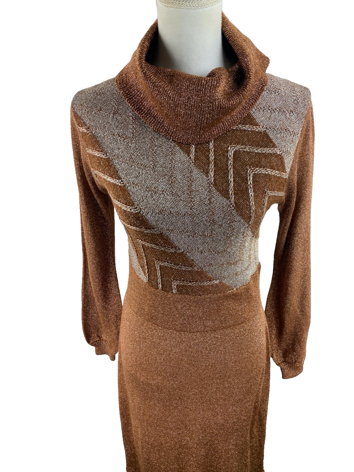 VTG 70s Wenjilli Copper Metallic Disco Slinky Knit Lurex Glitter Dress 13/14