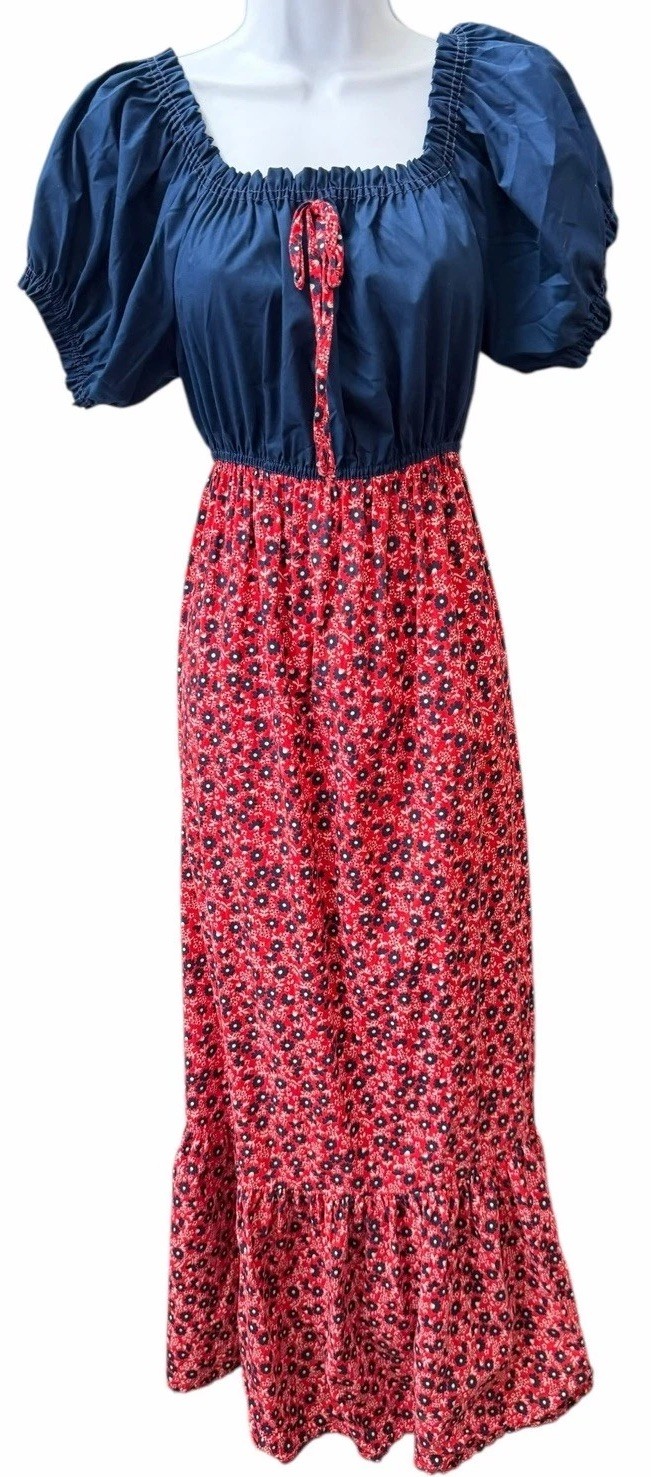 Vtg 70s Tiered Prarie Maxi Dress XS Patriotic Red White Blue Cotton Cottage