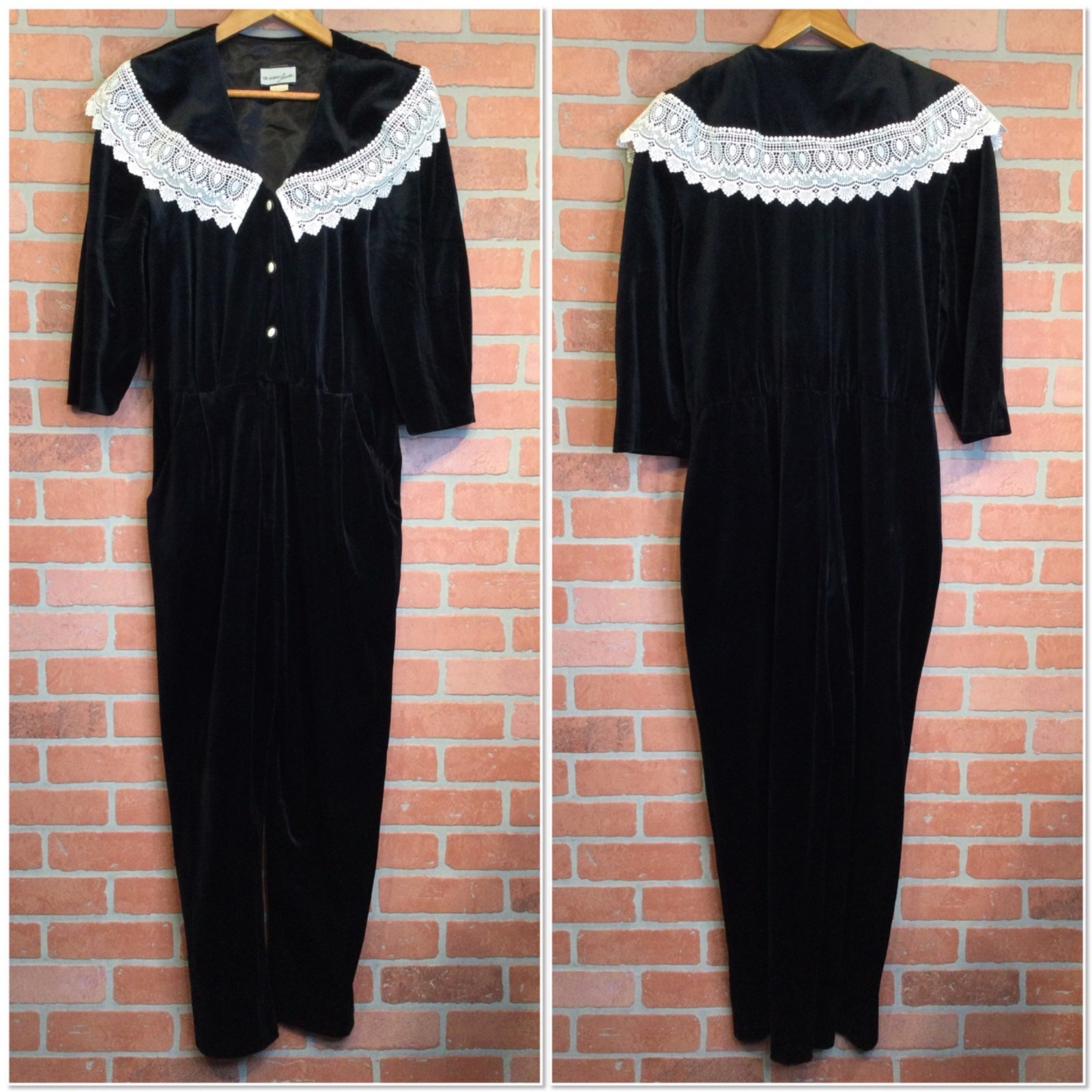 90s Breakin Loose Vintage Black Velvet Jumpsuit Lace Trim Size 11/12 Made In USA