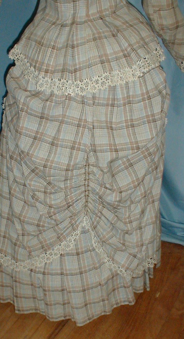 Charming Antique 3 Piece Bustle Dress Victorian 1870 Beige Plaid Cotton