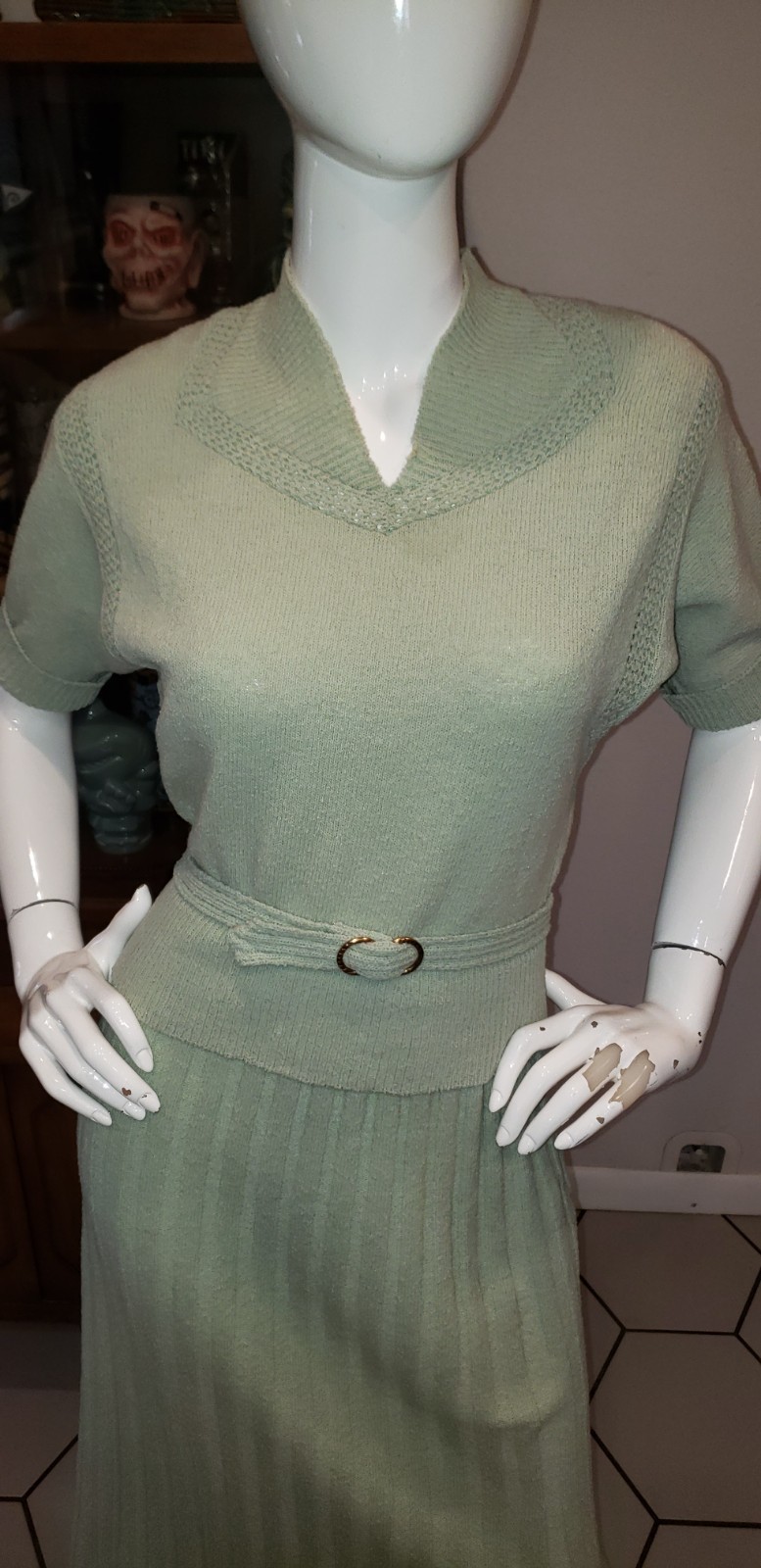 Vintage 1950s Lofties Sea Foam Green 3 Piece Knit Skirt Set Med Lg G2U