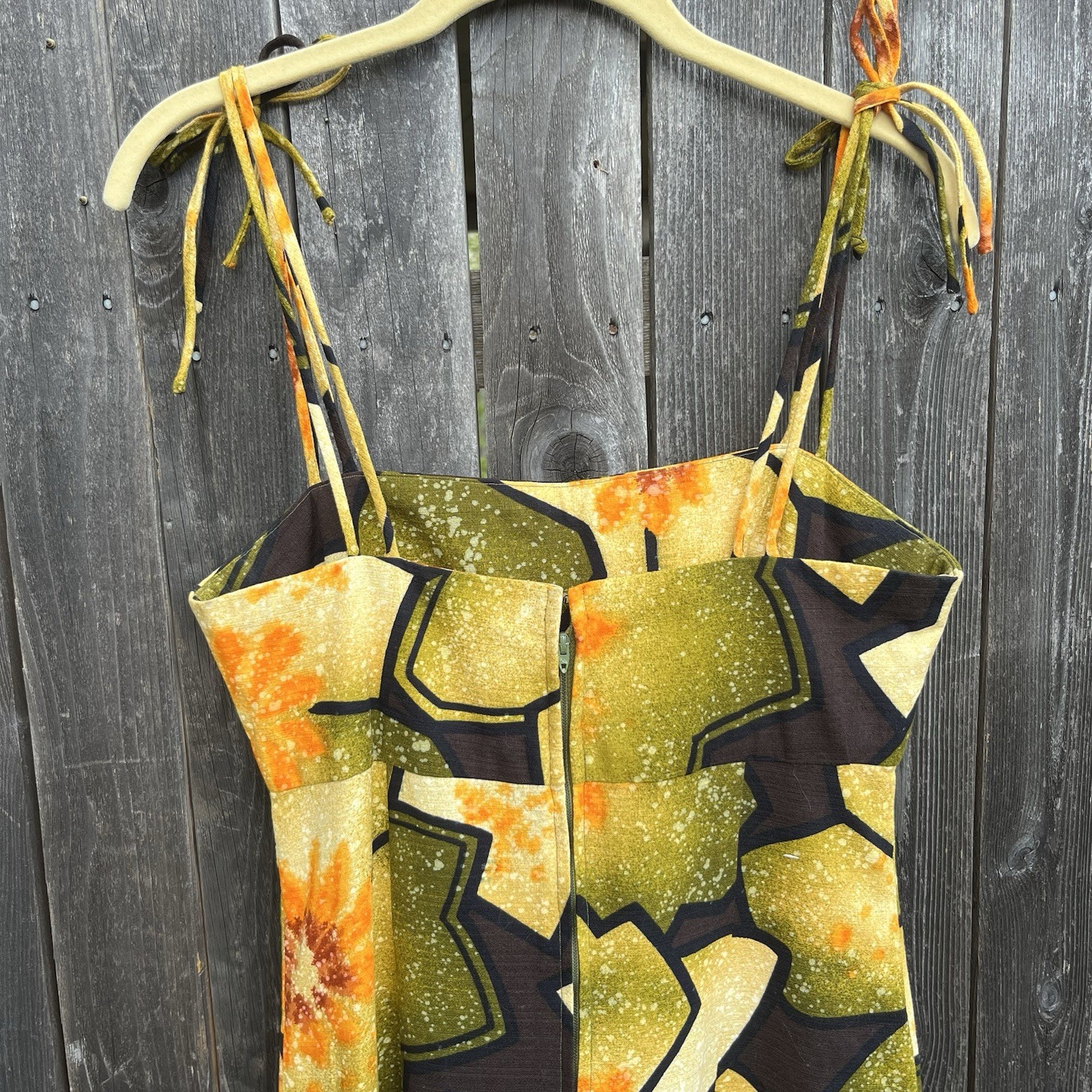 VTG 60s 70s Hawaiian Barkcloth Maxi Dress floral yellow Shoulder tie Sleeveless