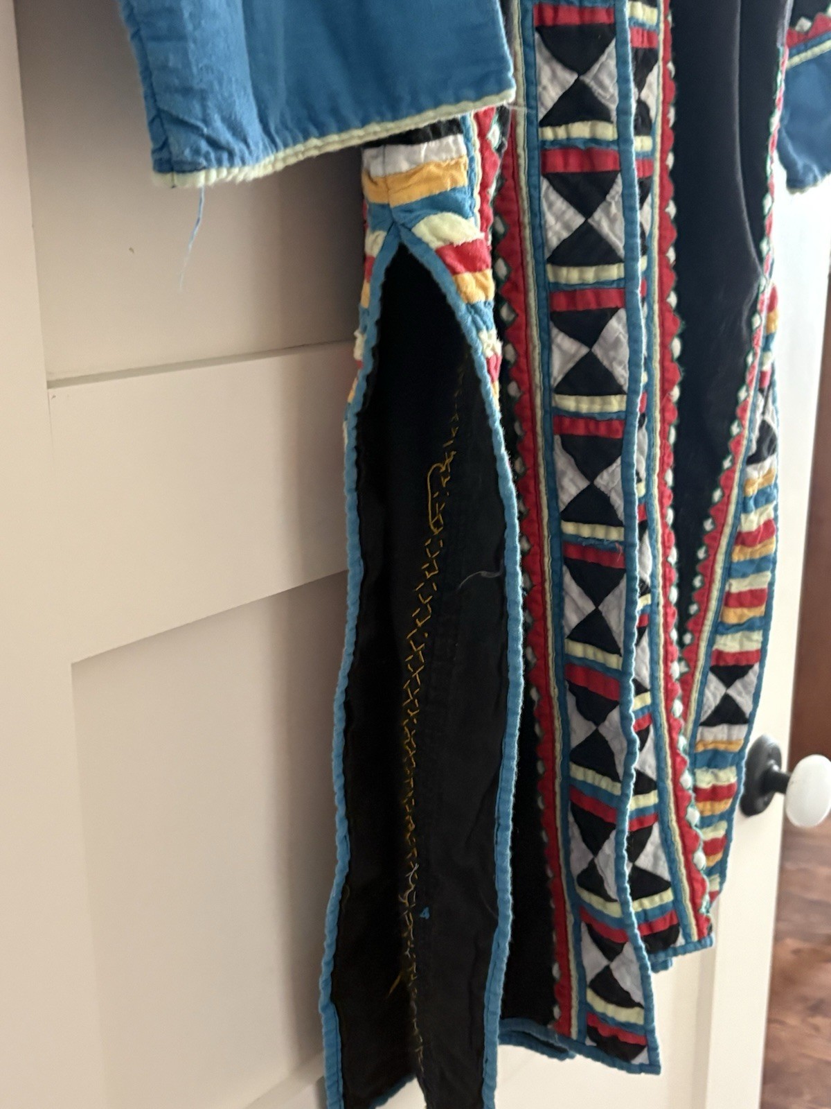 Vtg Thai Hill Tribe Jacket Geometric Patchwork Duster Coat Folk Art Kaftan Boho