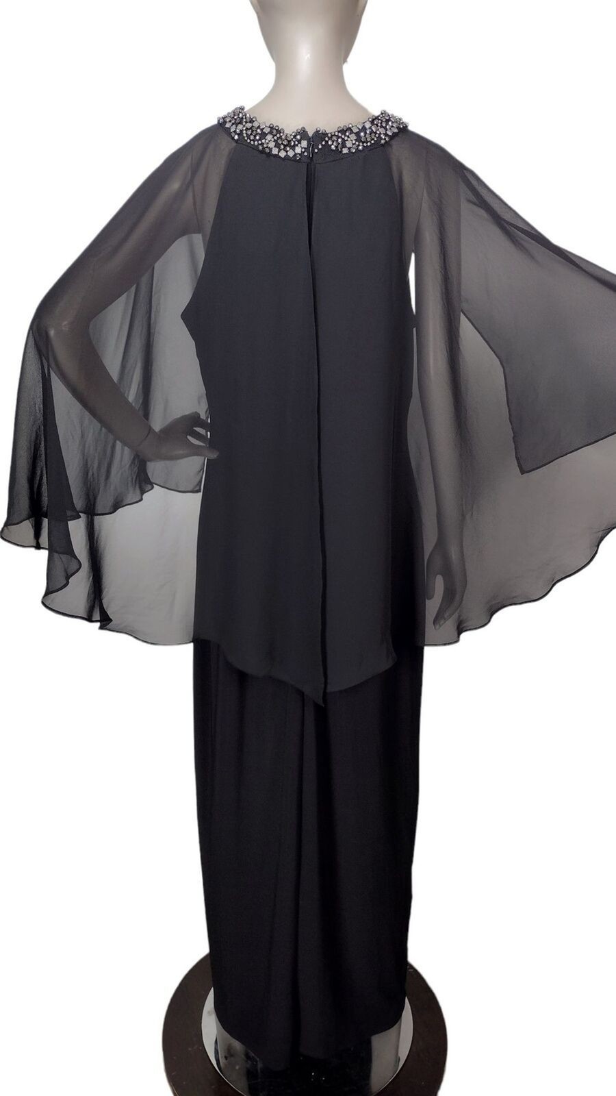 Vintage Scarlett Black Beaded Elegant Flowy Sheer Capelet Slit Formal Maxi Dress
