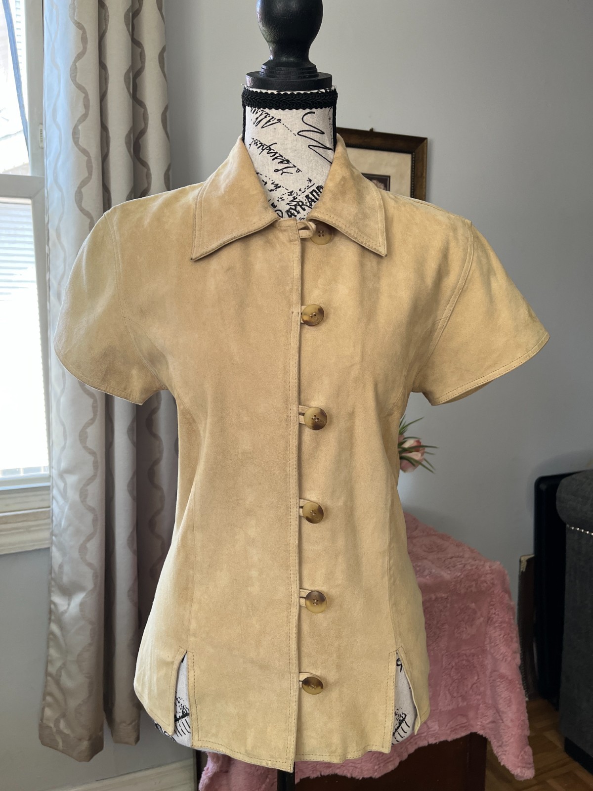 Vintage Women&rsquo;s Suede Goblincore Short-Sleeve Fairy Grunge Button Up Boho Shirt