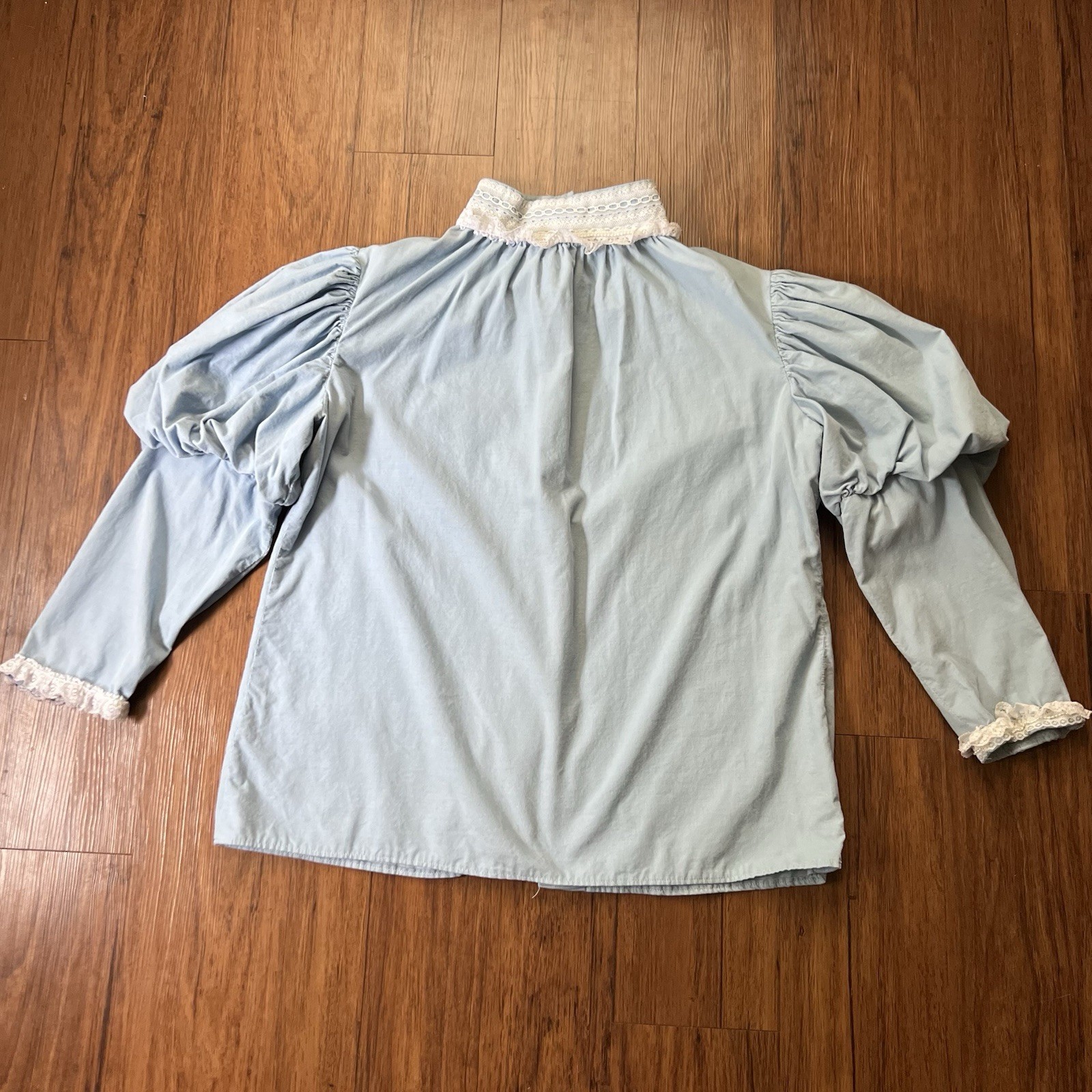 Vintage 70s 80s Victorian Blouse XL Blue Lace Romantic Balloon Sleeve Handmade