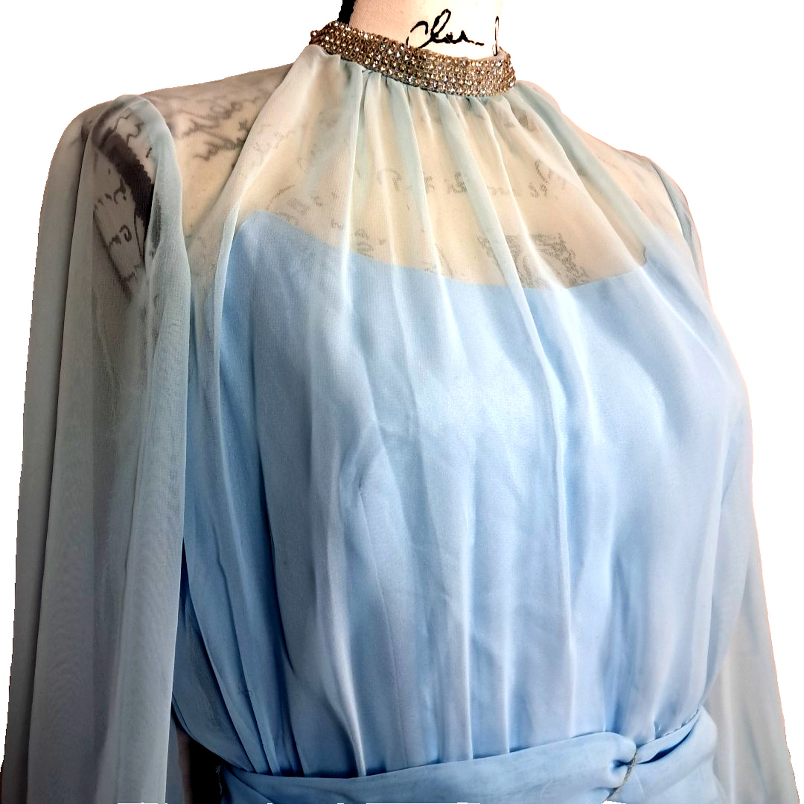 Vtg 70s Sheer Chiffon Rhinestone Maxi Dress Size 9 Blue Regency Formal Union Tag