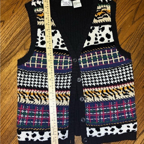 Erika Vintage Mixed Pattern Knit Sweater Vest Ramie Cotton Blend Small Black