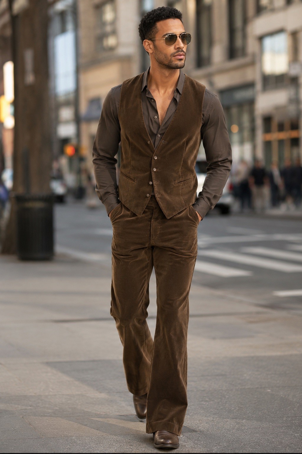 VTG 70s Cortefiel Spain Men&rsquo;s Brown Velvet 2 Pc Vest & Trousers Set Mod Disco