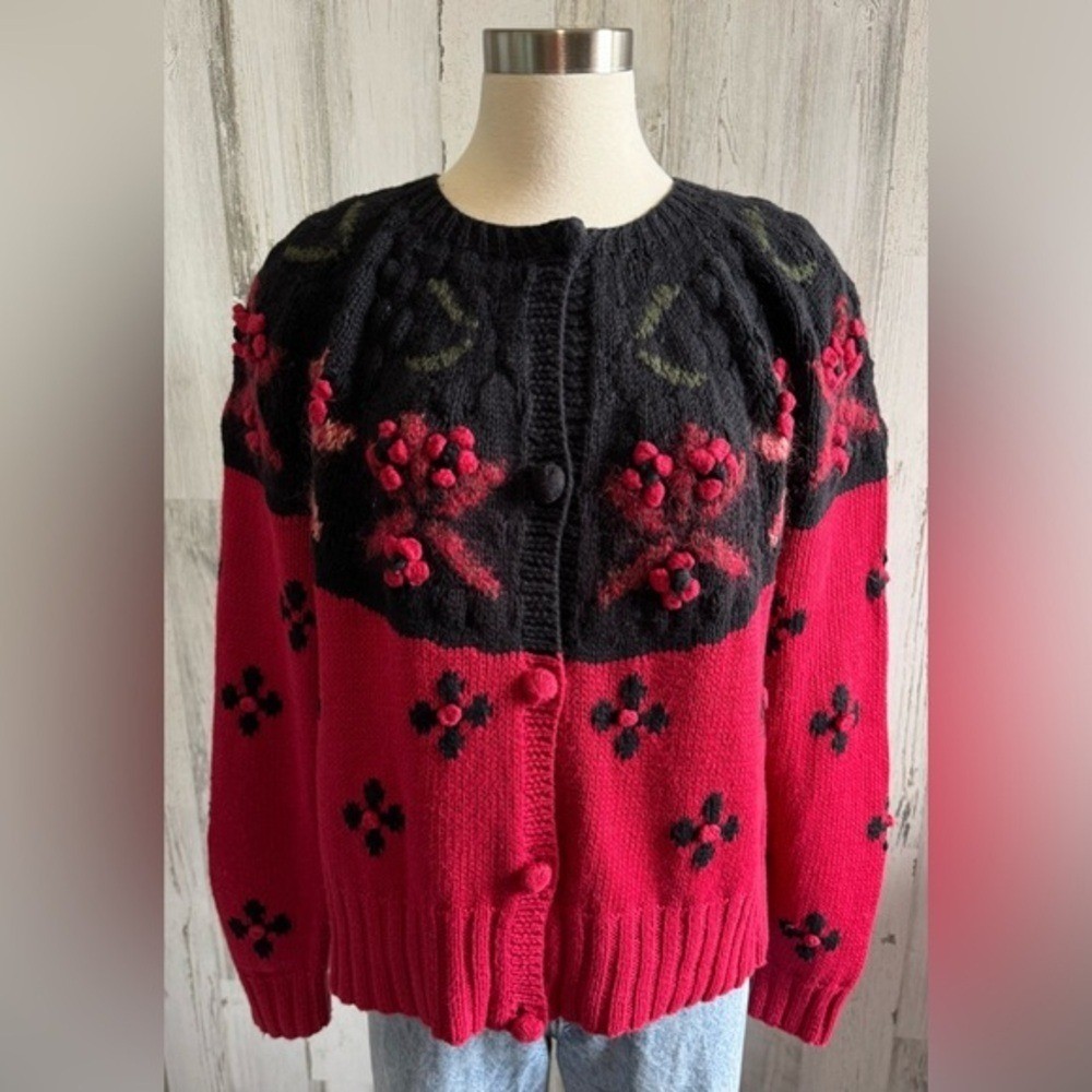 Vintage Handknit Folk 3D Floral Appliqué Cardigan sweater Unique