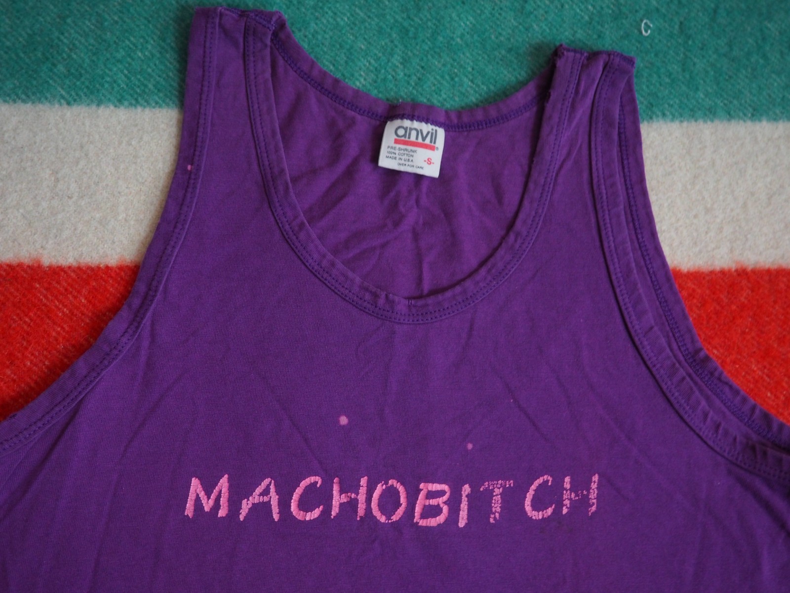 VTG 90s Anvil Machobitch Queer LGBT Faded Purple USA Distress Club Tank Top S