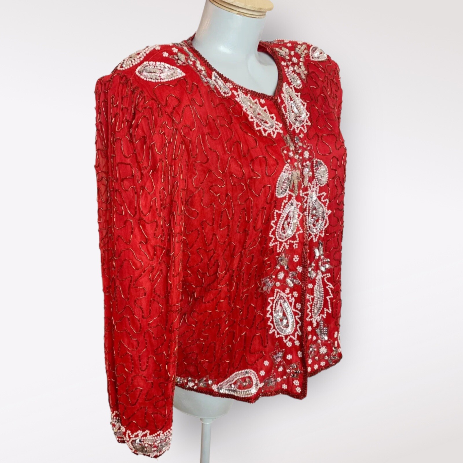 Vintage 90s Sequin SILK Beaded Paisley￼ Red Size Large L Womens Party Cocktail
