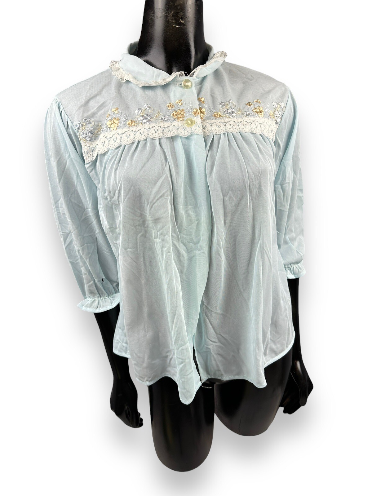 Vintage PhilMaid Bed Jacket Pajama Top Light Blue Lace Nylon Lingerie Sz M