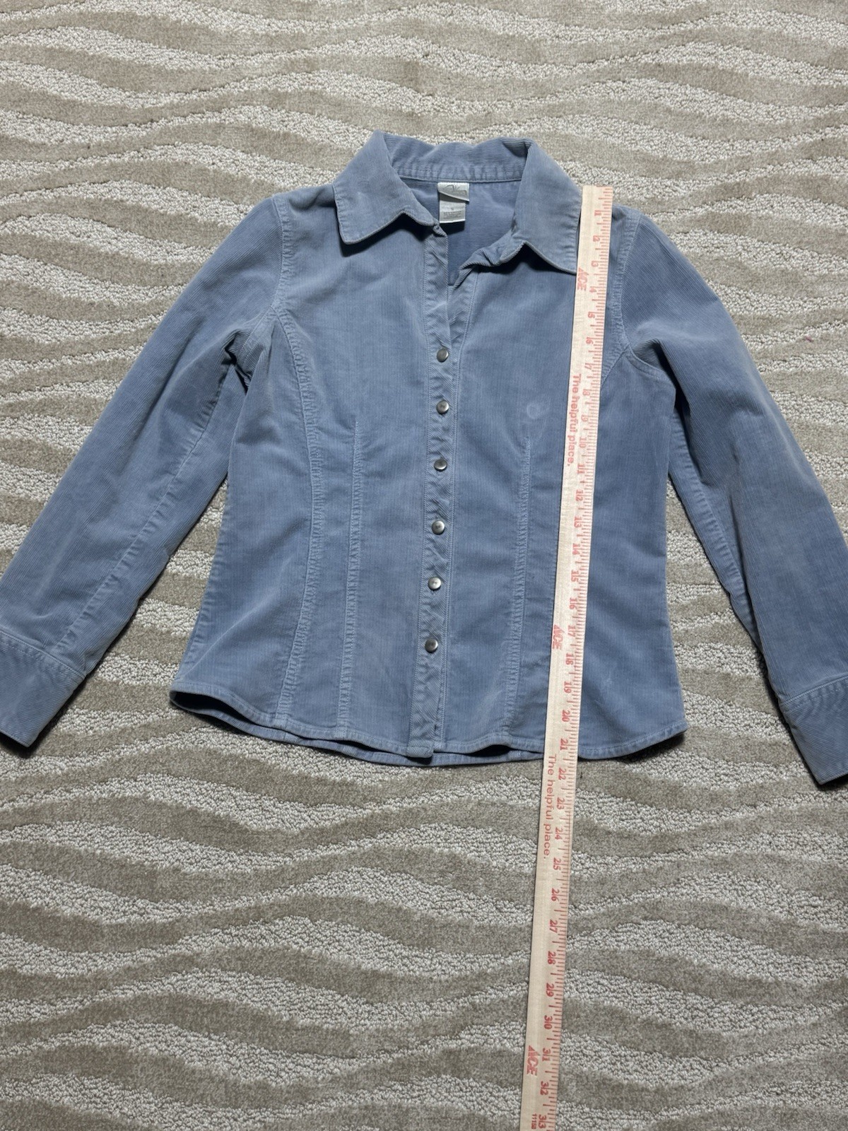 Womens Small Light Blue Stretch Corduroy Snap Front Shirt Jacket Fitted Western