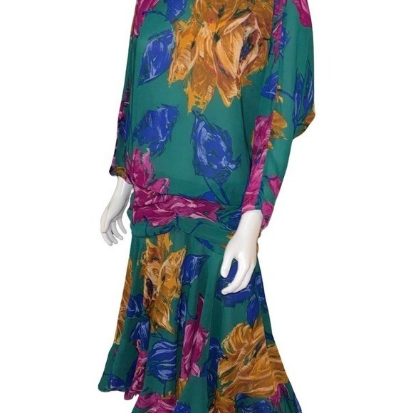 Vintage Kono New York Green/Teal Floral Ruched Dress P2P 22&Prime;, Length 46&Prime;