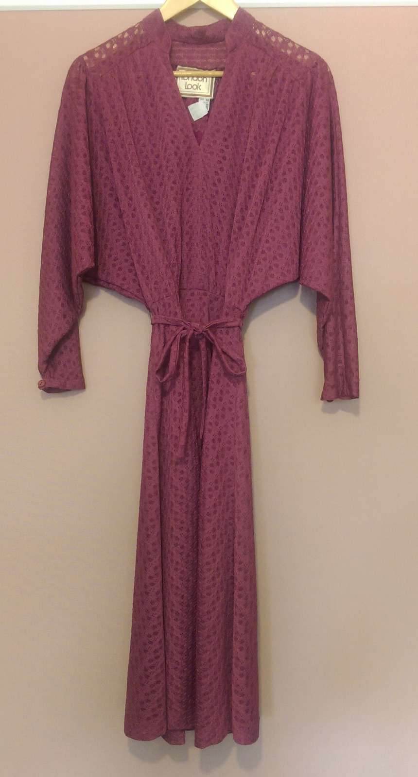 LONDON LOOK Vintage 1970&rsquo;s Pink Dolman Batwing Sheer Midi Lace Dress XS S 6 8