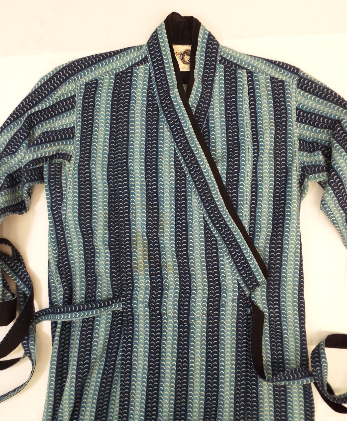 Vintage 1970s KENZO Jap Kimono Long Robe Dress 38 Blue Cotton Wrap Front Belt