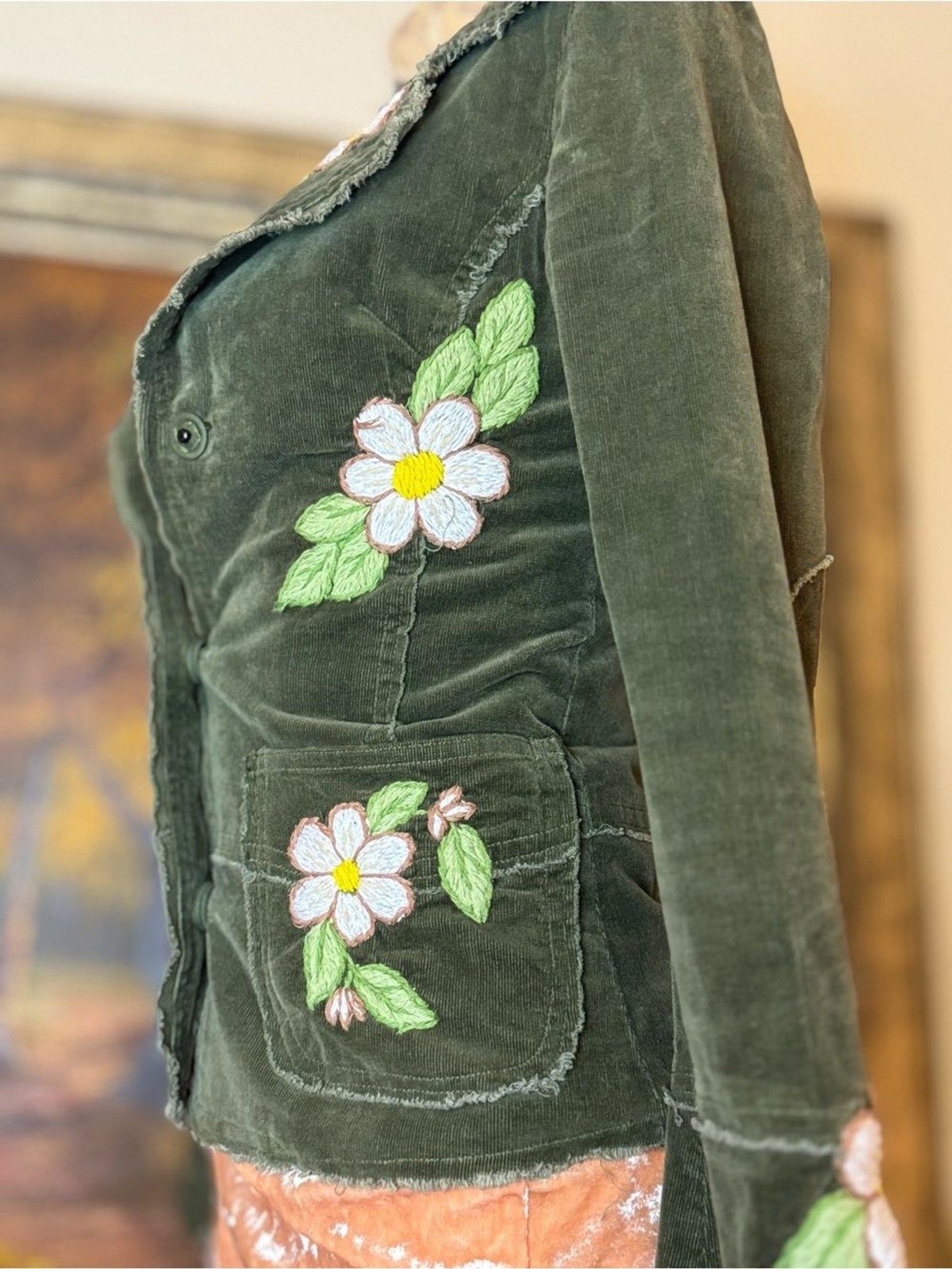 Joystick Hand-Embroidered Velvet Jacket – Olive Green Boho Blazer Rare – S/XS