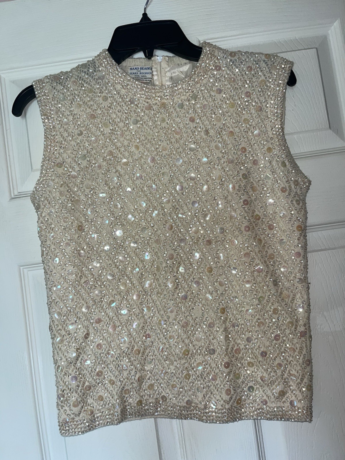 Sears Roebuck Beaded Embellished Ivory 100% Wool Sleeveless Blouse Zip up