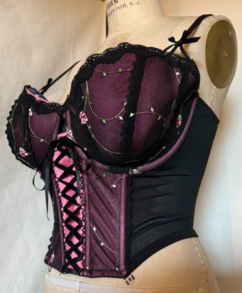 LACE FRONT CORSET BUSTIER « ENCHANTED » SHEER BLACK NYLON w EMBROIDERED CUPS 42DD