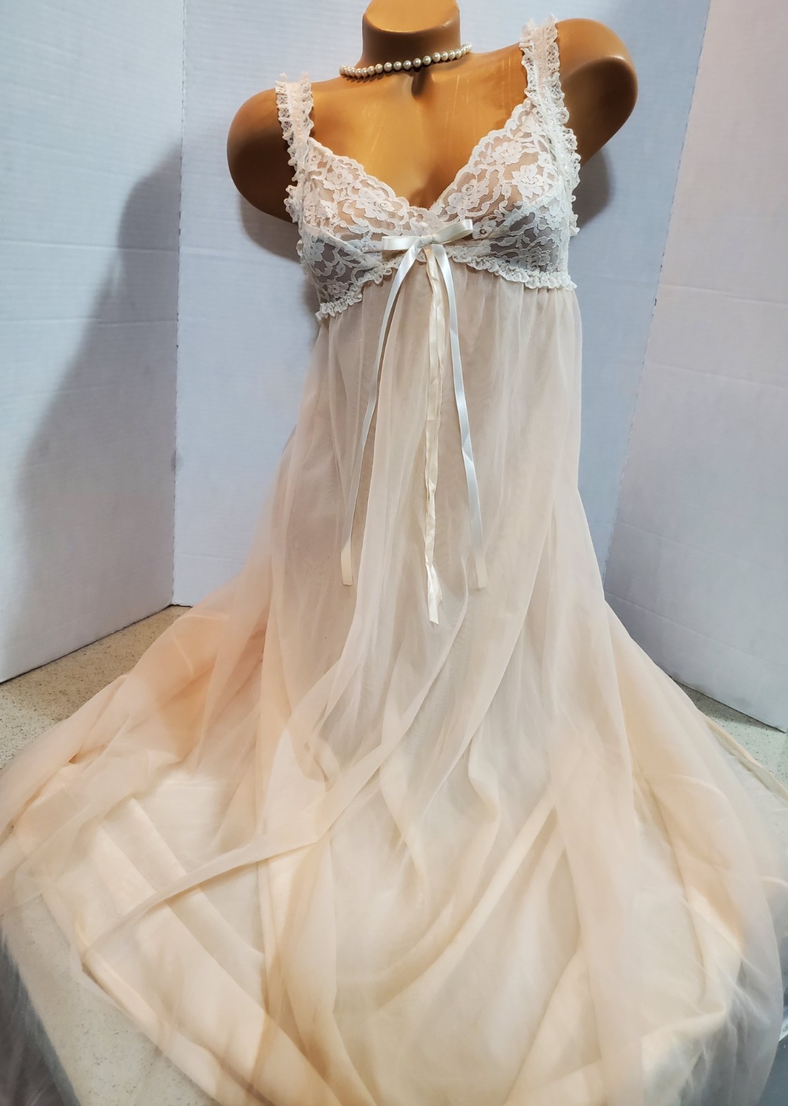VTG LAYERED FULL SWEEP MAXi PEACH NYLON CHiFFON NiGHTGOWN LiNGERiE SLiP DRESS