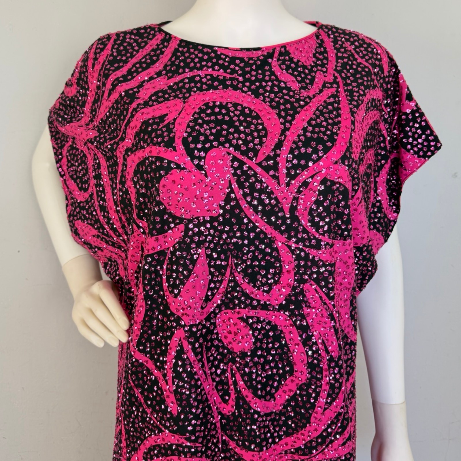Vintage Glittery Dress, Hot Pink Black Nuin 1980s Gown (Made in United States),