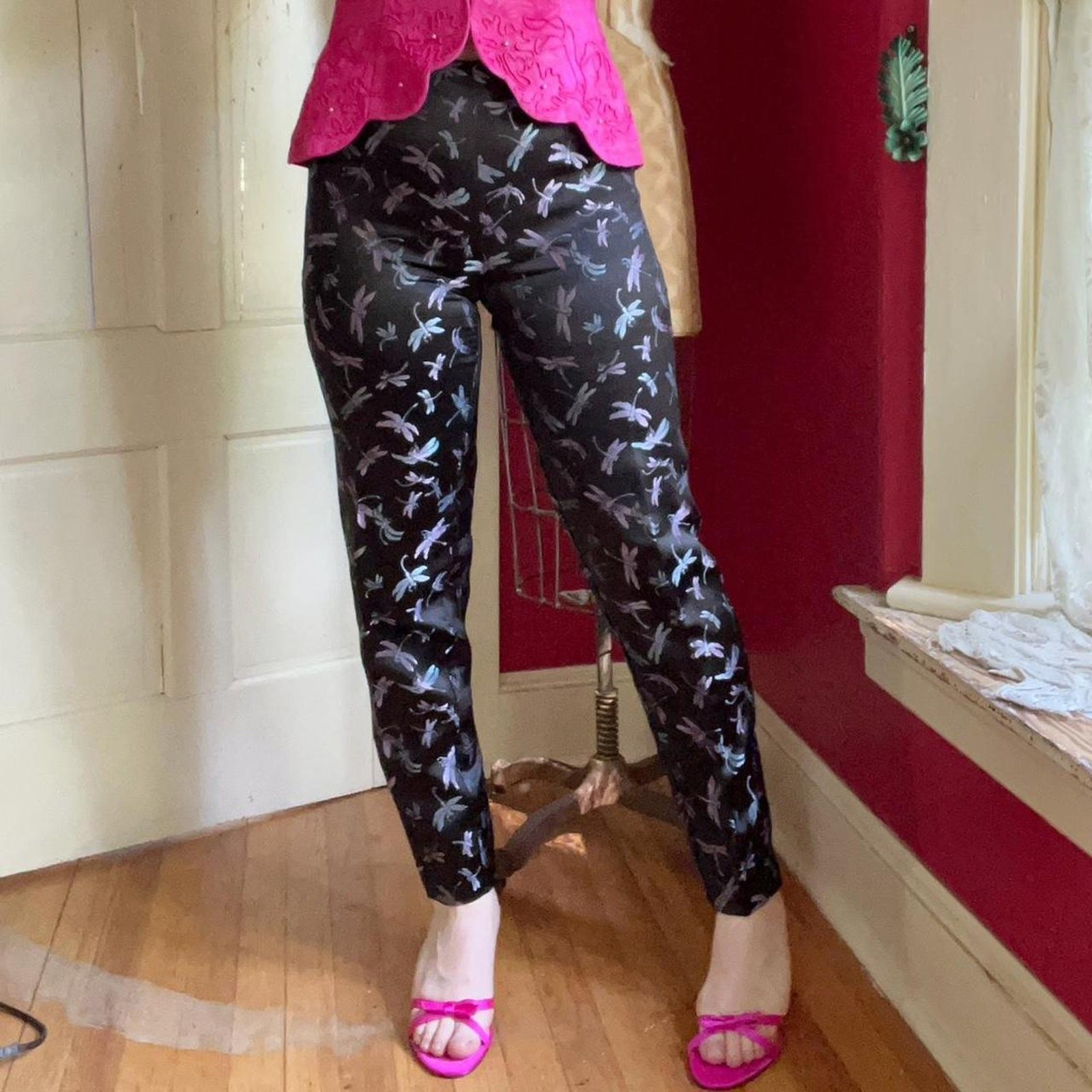 Vintage 1990s Y2K Black Purple Blue Dragonfly Jacquard Cigarette Pants Size S