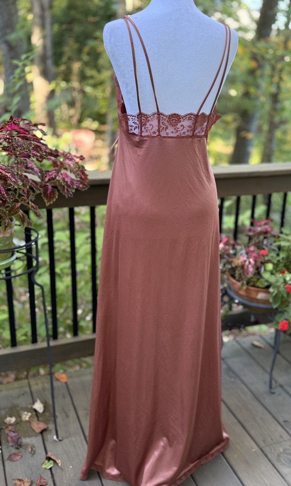 Vtg New Nightgown Long Goddess Pinehurst 70s Inset Lace UNIQUE Copper Brown M 36