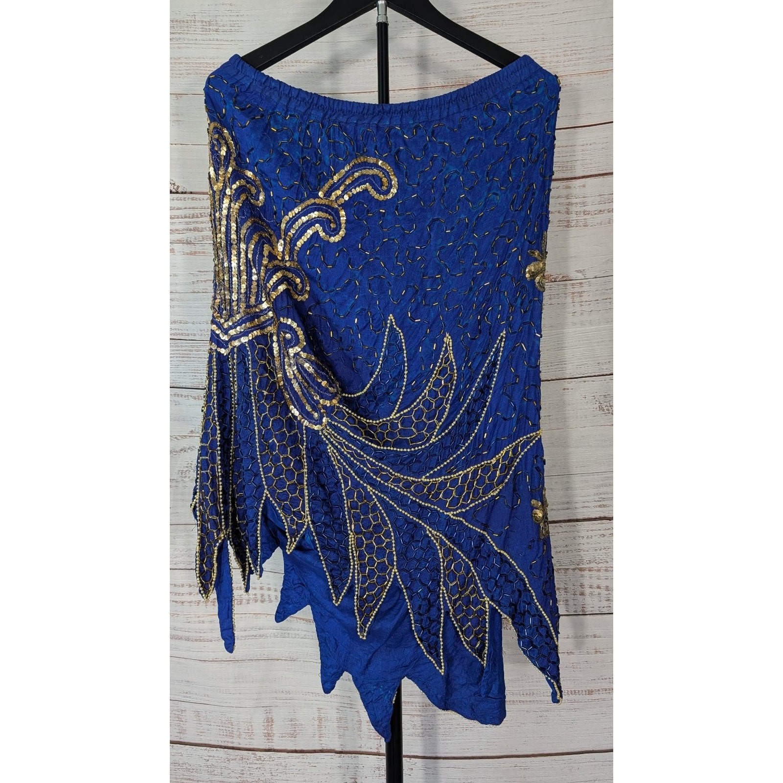 VTG Silk 3Pc Set Beaded Sequin Top Skirt Royal Blue Gold Art Deco Mermaidcore