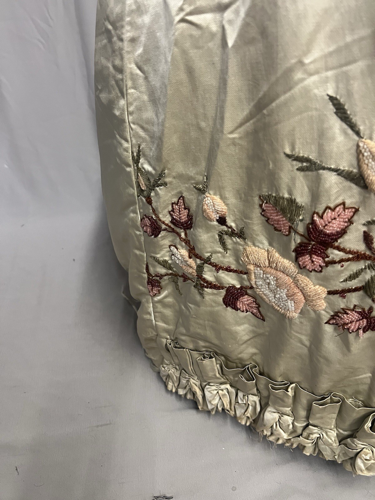 1880’s Light Celery Green Silk Bustle Skirt – Heavy Embroidered & Beaded Florals
