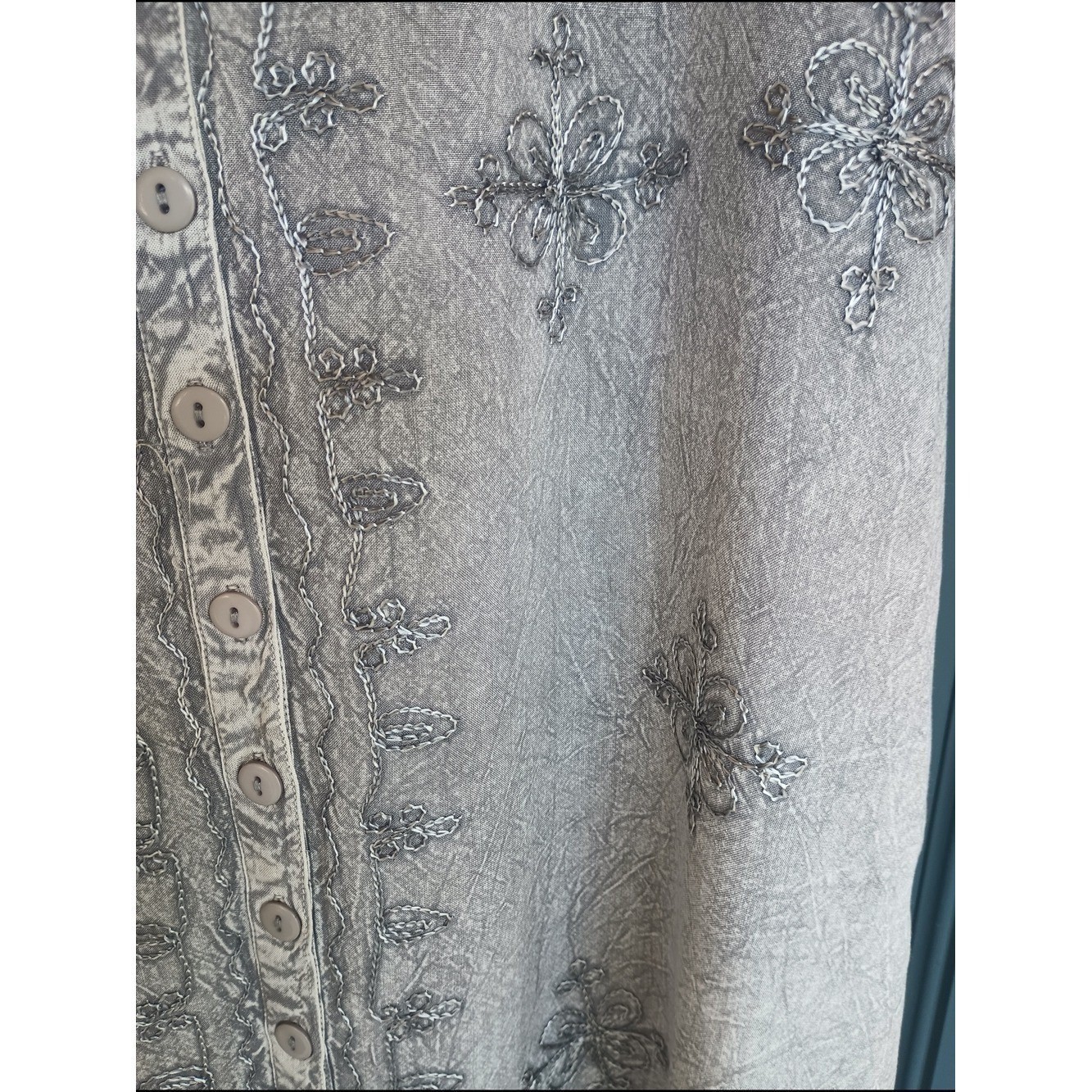 Embroidered Sleeveless Button-Front Lt Grey Dress Boho Hippie 70s Beach Size M