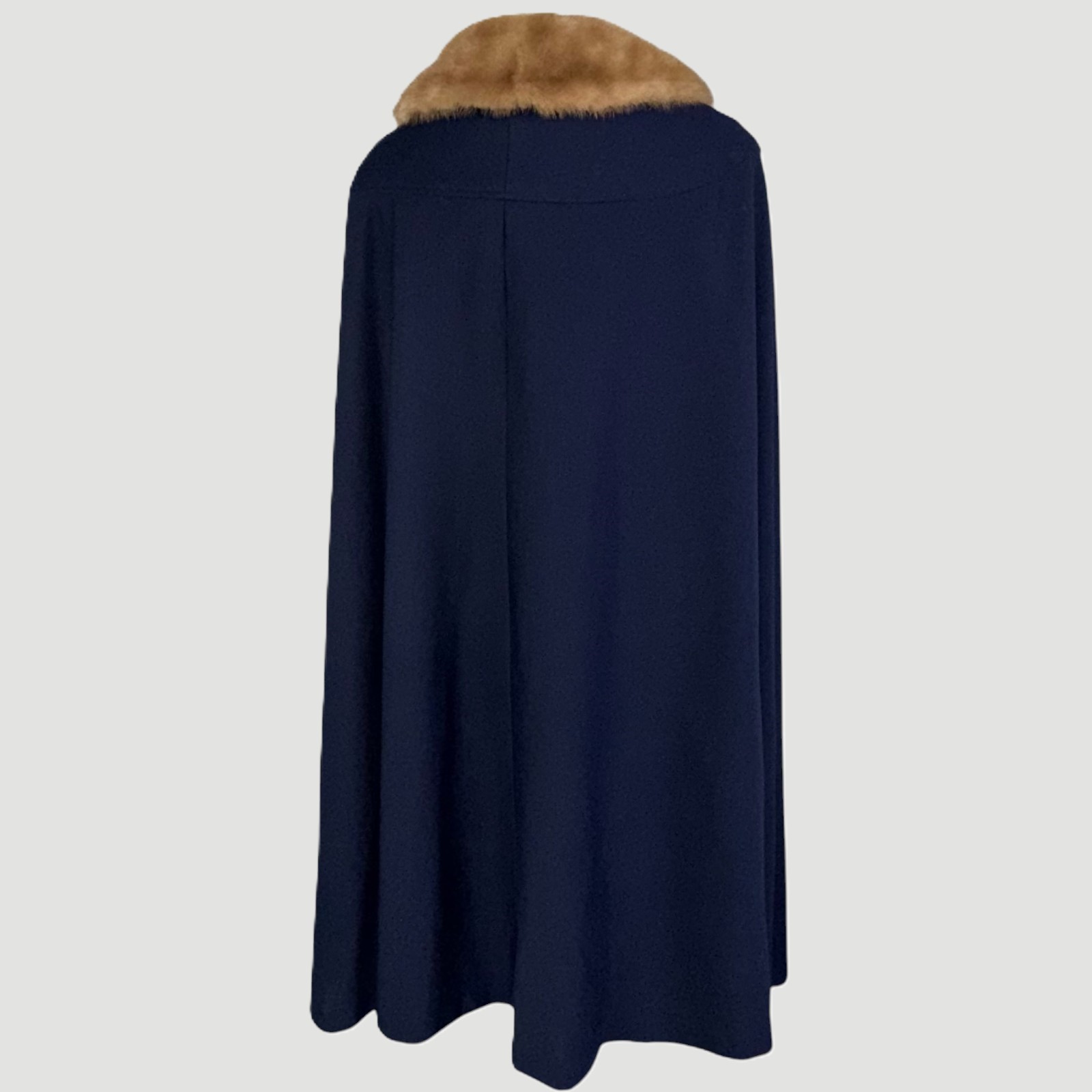 Vintage 1950s Opera Cape Cloak Navy Wool Fur Collar Swing Coat Satin Lined