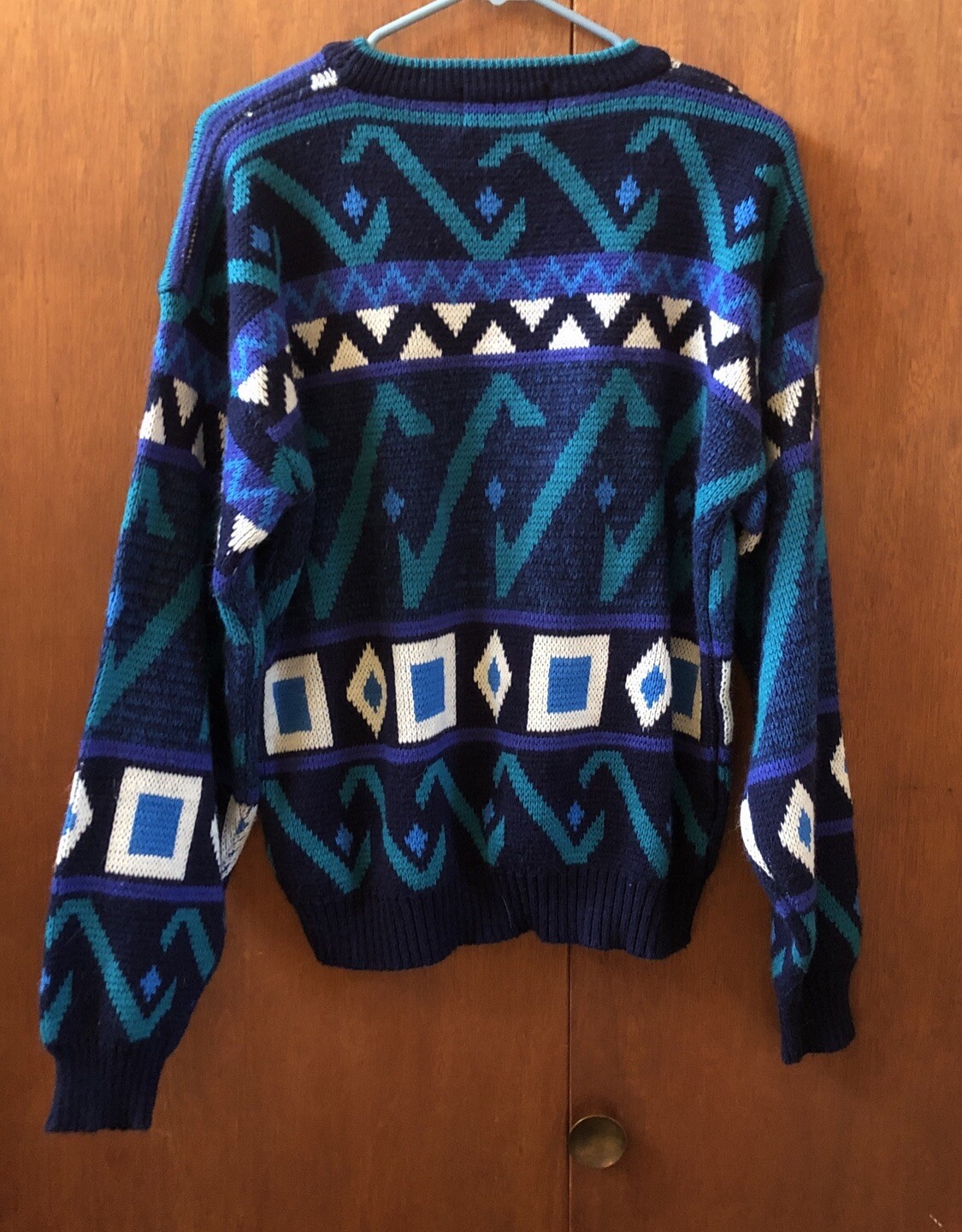 Vintage Trend Basics Blue Black Green Teal Cosby Geometric Acrylic Sweater Med