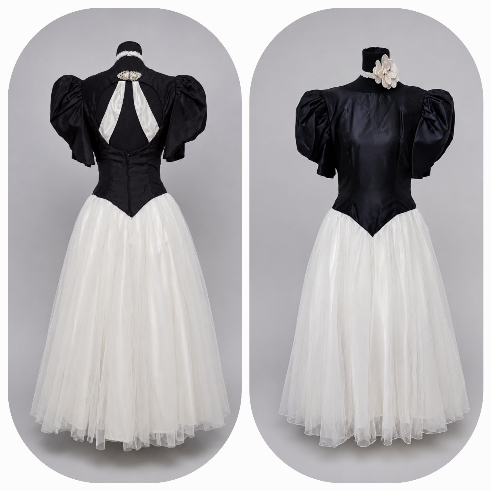 VTG »80 Black And White Lace Union Made Prom Formal Satin Tulle Dress