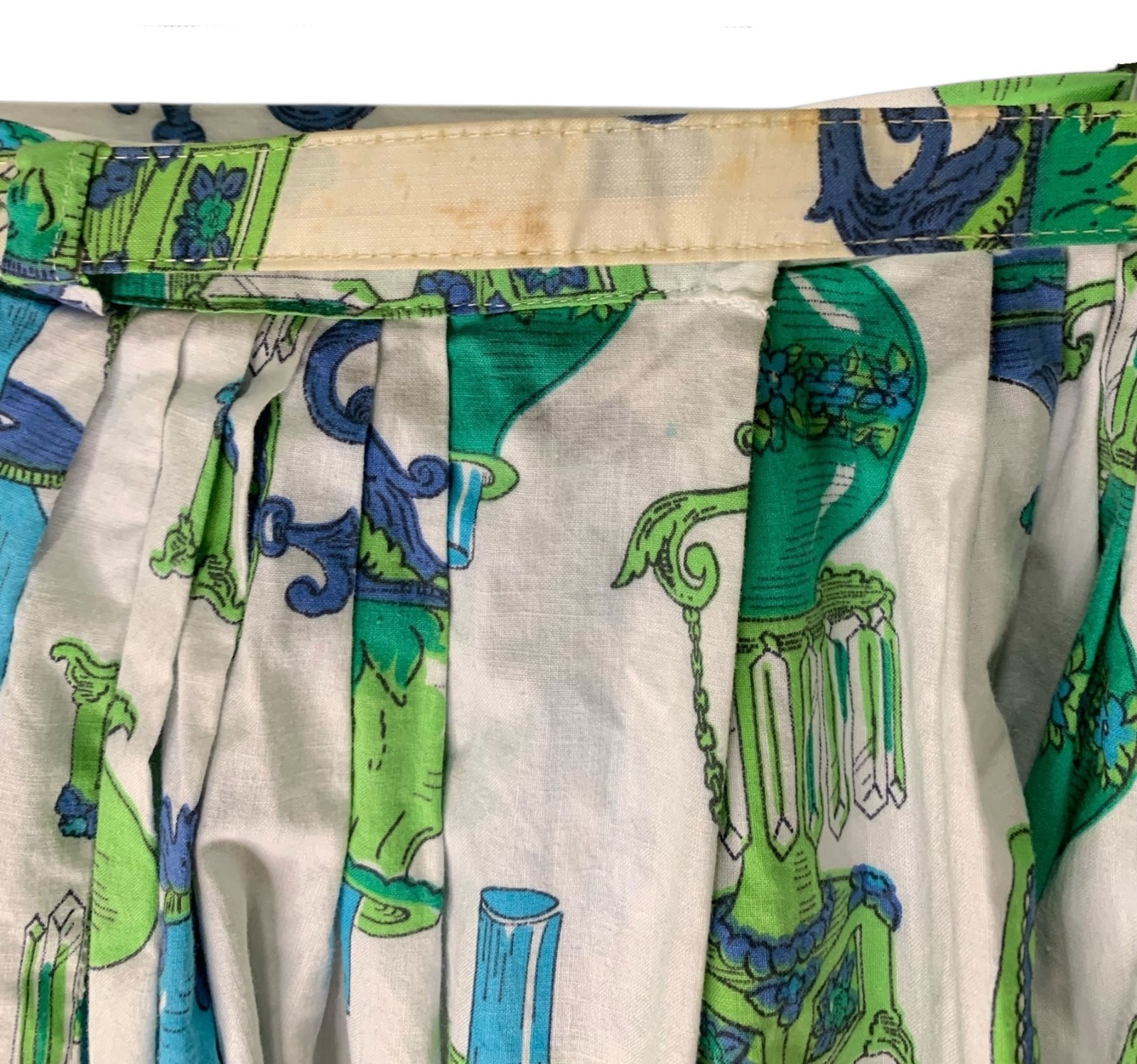 Vintage 60s Women&rsquo;s Blue + Green Novelty Lamp Print Skirt with Belt- Sz XS/S