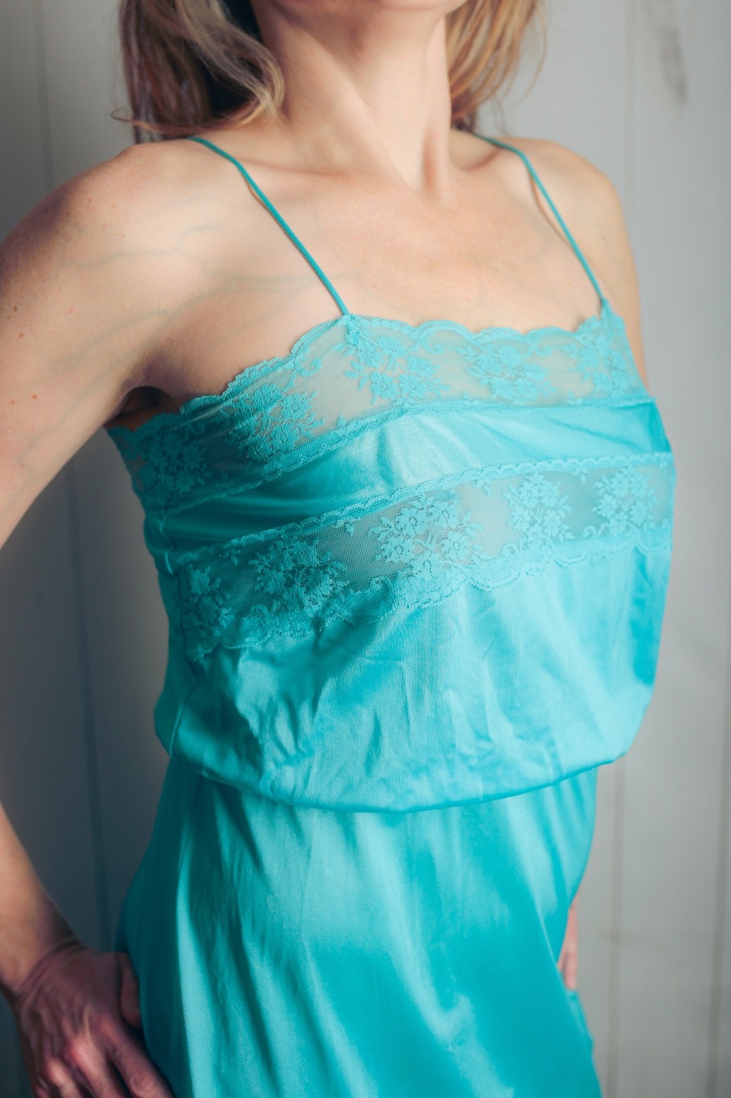 Flair Lingerie Vintage Retro Glam 80s Satin Sheer Lace Peignoir Slip M Aqua Blue