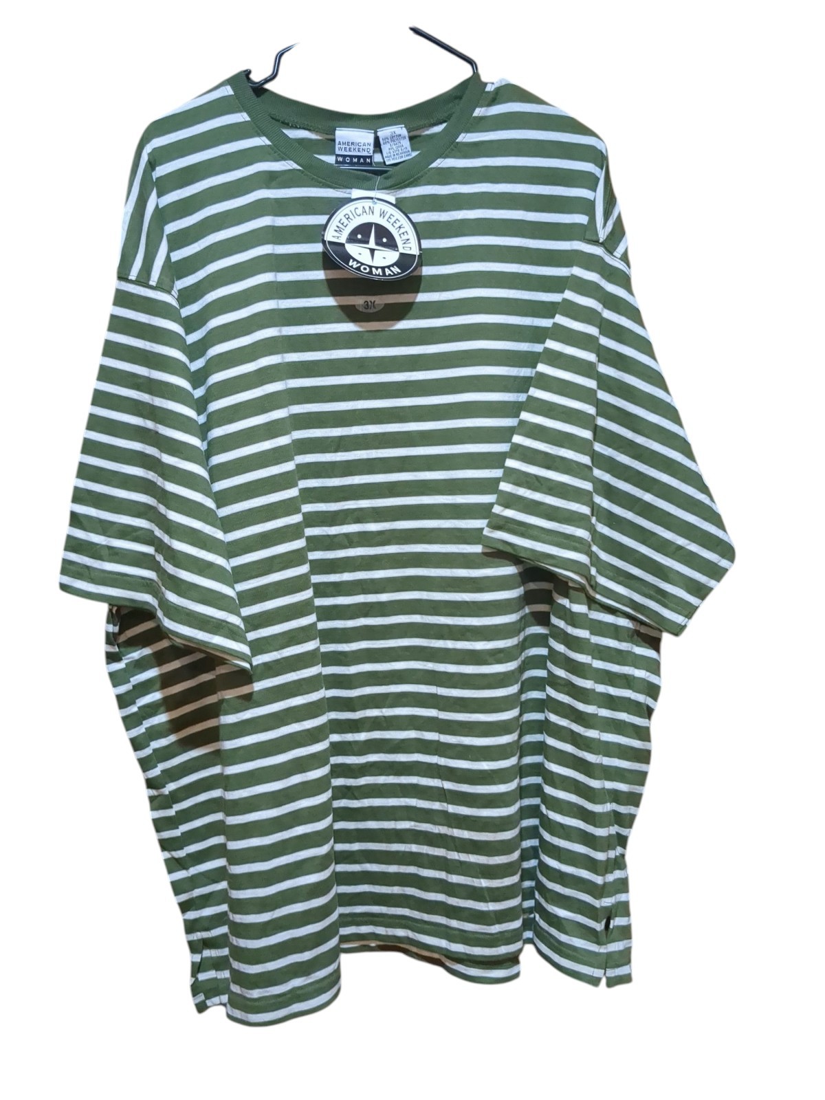 American Weekend Woman&rsquo;s Green Striped Short Sleeved Pullover Top-3X NWT
