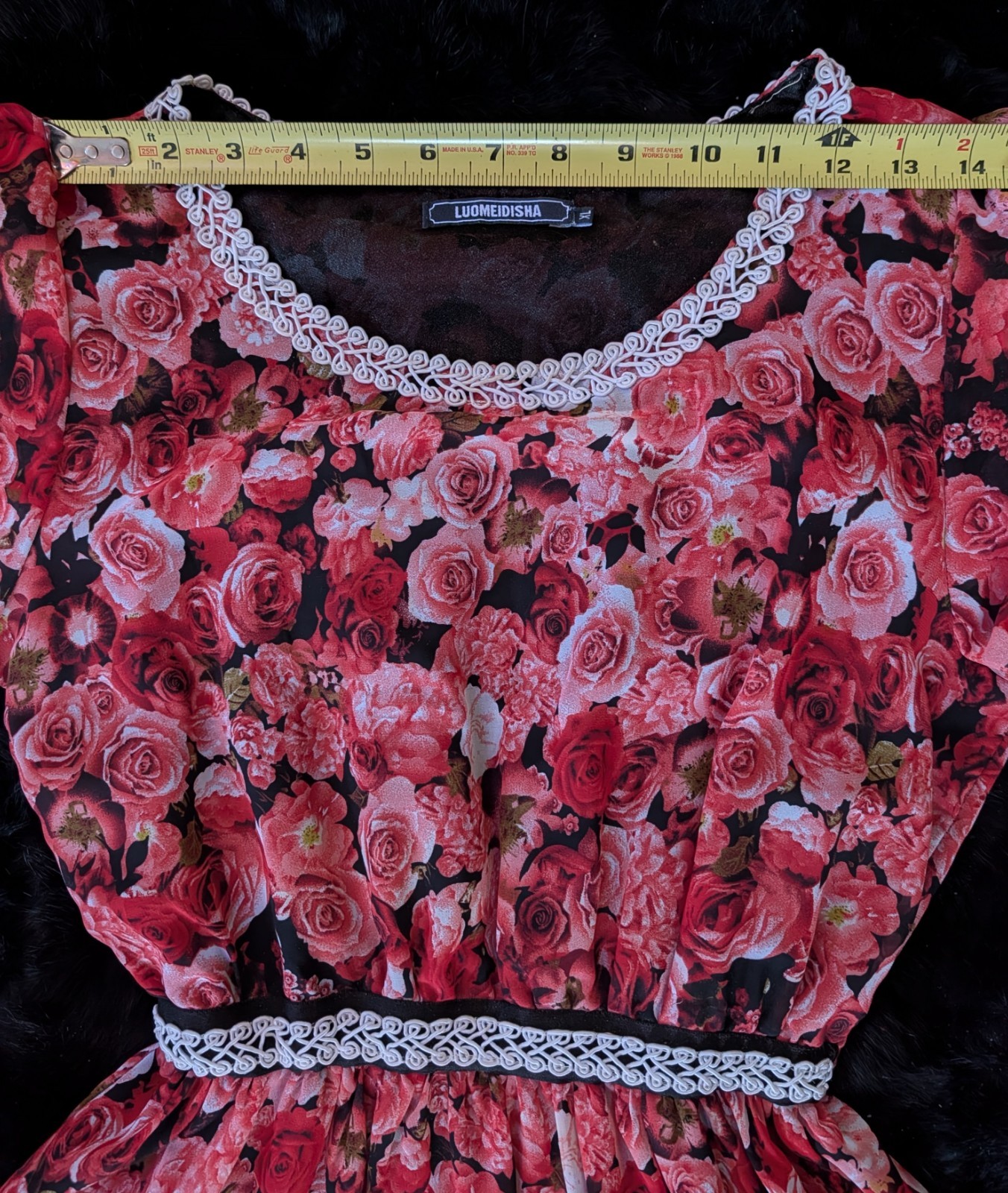 Romantic Red Rose Floral Chiffon Lined Midi Dress Empire Waist Scoop Neck