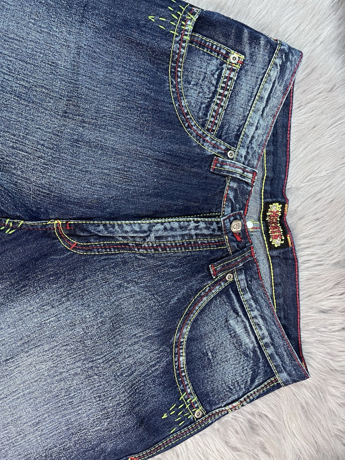 Vintage Miskeen Originals Baggy Denim Shorts Jorts Y2K Hand Painted Size 34 Reg