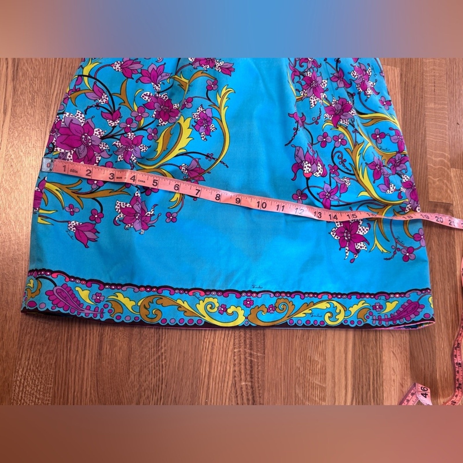 90s Vintage Blue Cotton Emilio Pucci Mini Skirt Turquoise Baroque Floral Sz Sm