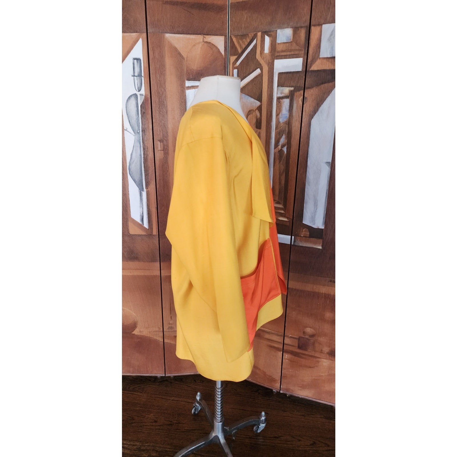 VTG 90s Duster Jacket Silk Yellow Orange Colorblock Blazer Victoria March