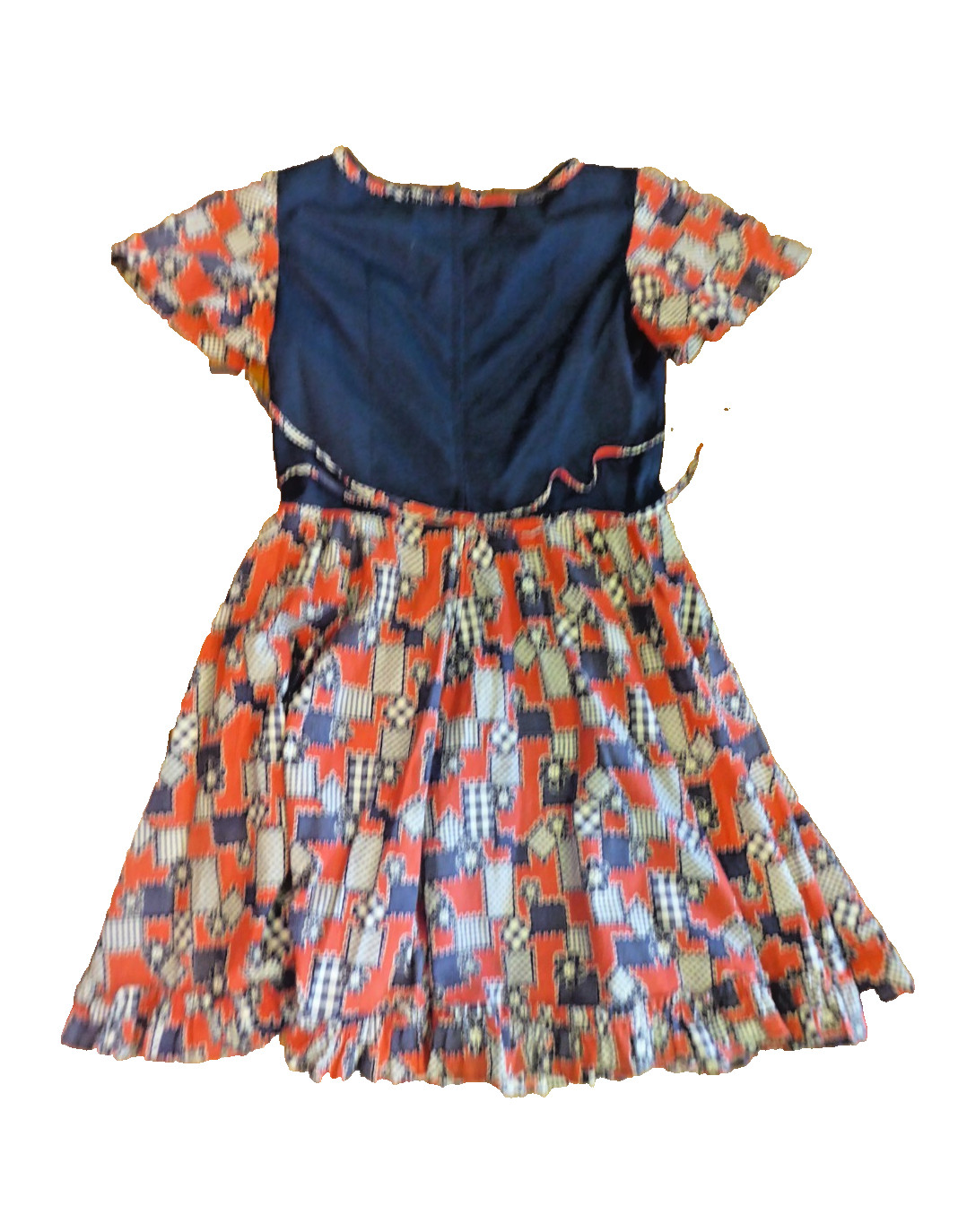 Vtg 70s Patchwork Quilt Print Dress Handmade Tulip Sleeve Patriotic Prairie Med.