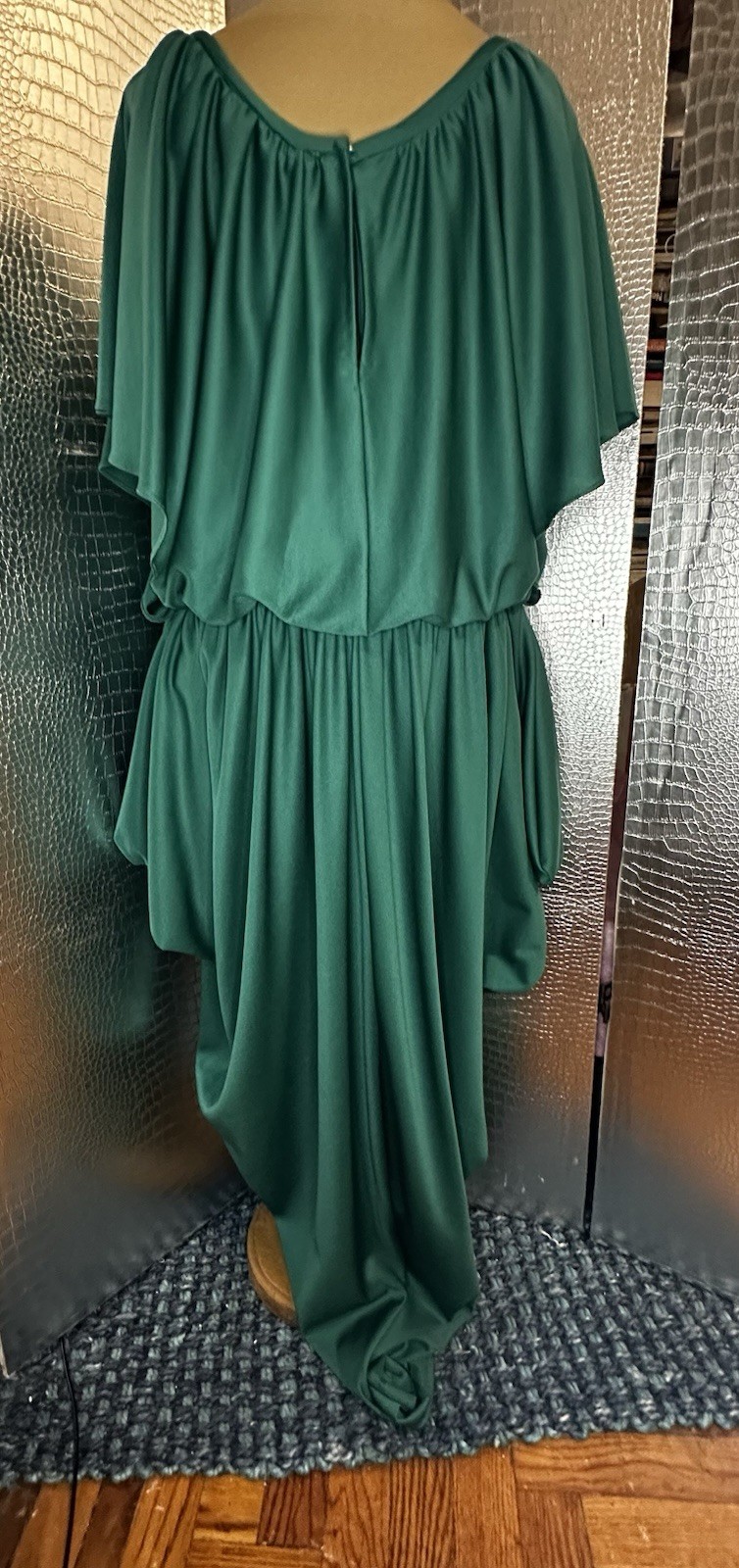 Vintage Green 80s Dress Handkerchief Hem Flutter Sleeves Scoop Neck Size Med-Lg
