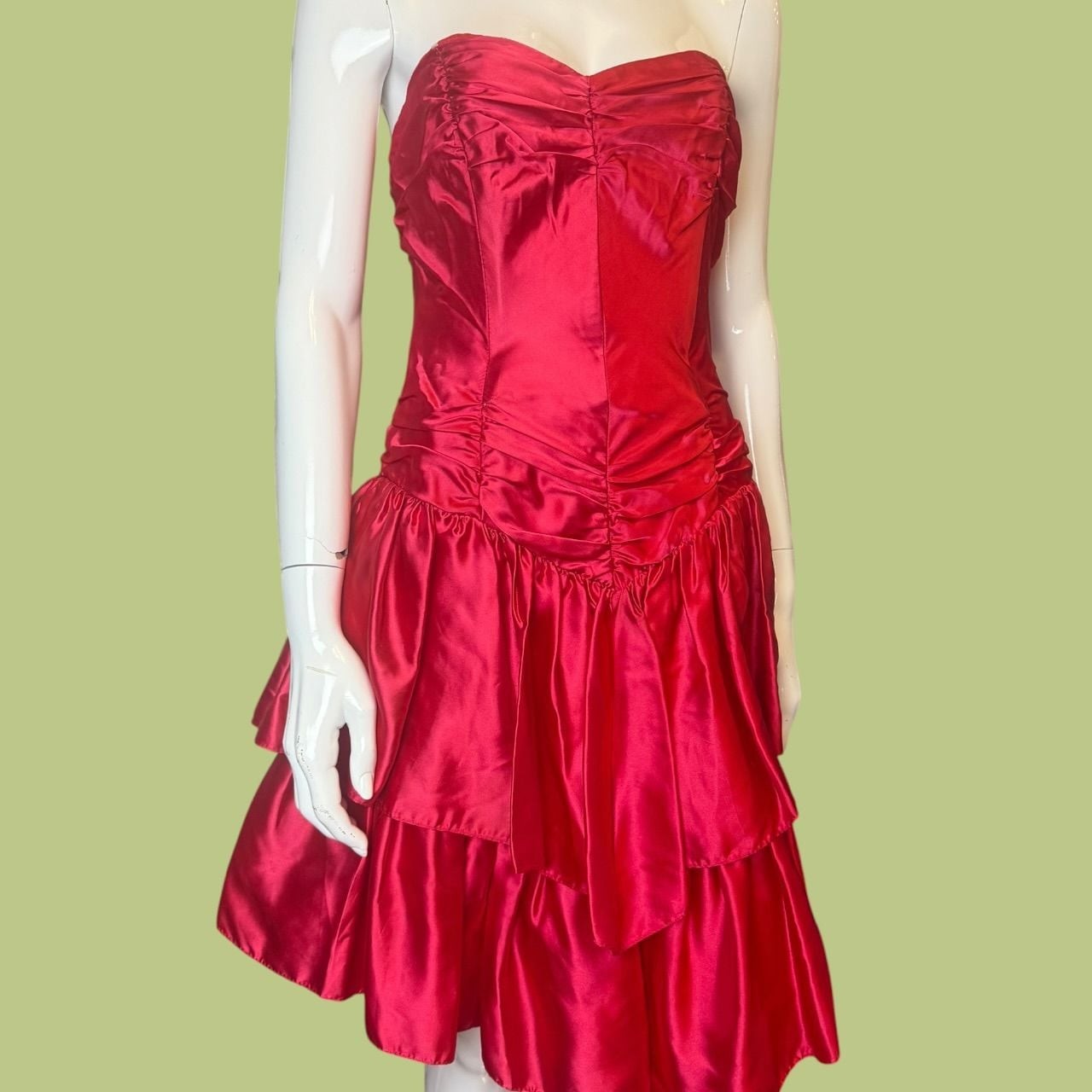 Vintage 1980s Roberta Red Satin Strapless Ruffled Party Dress